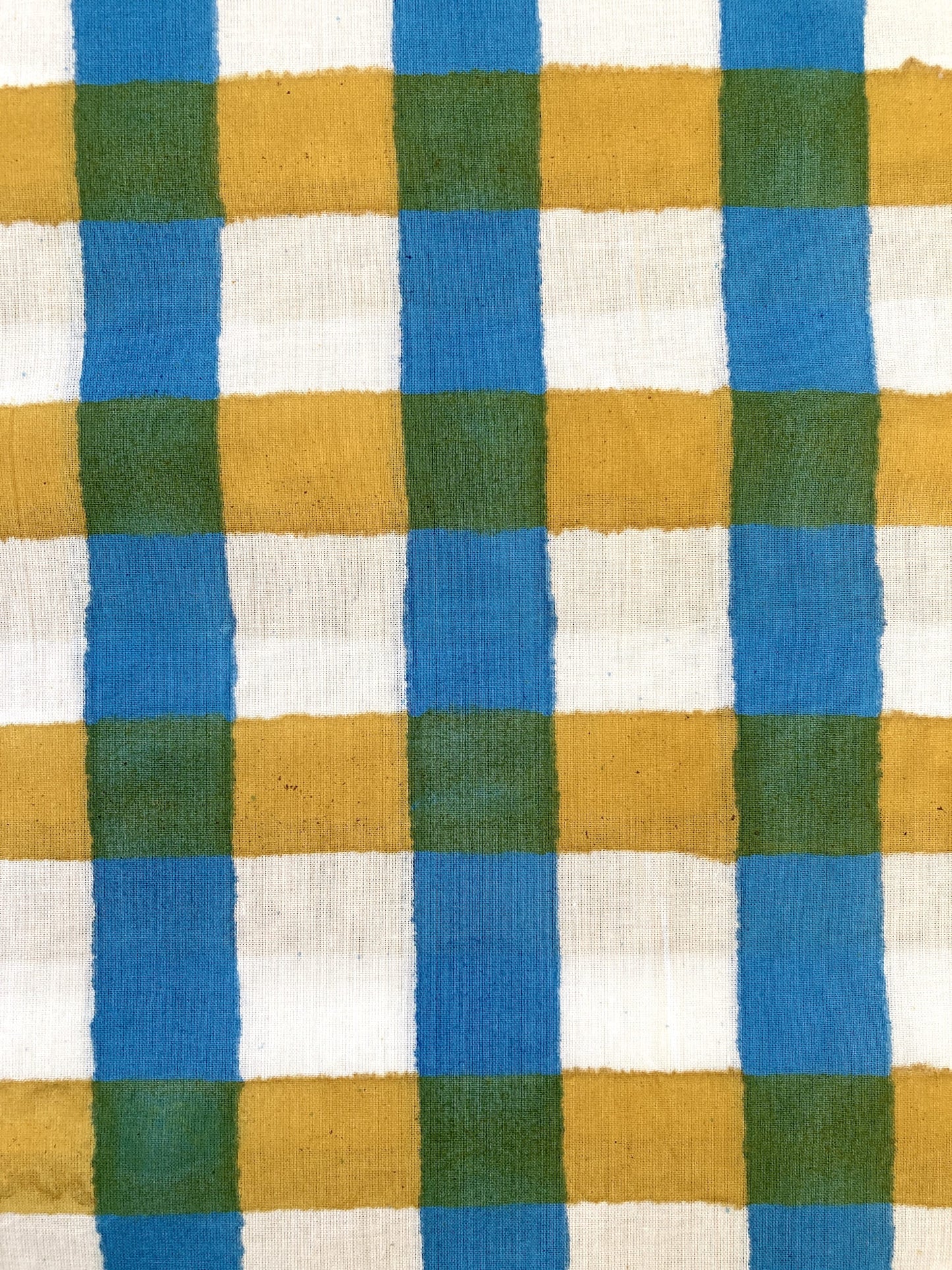 Hand Block Print Cotton Fabric Yellow x Blue Plaid Check   #316-7