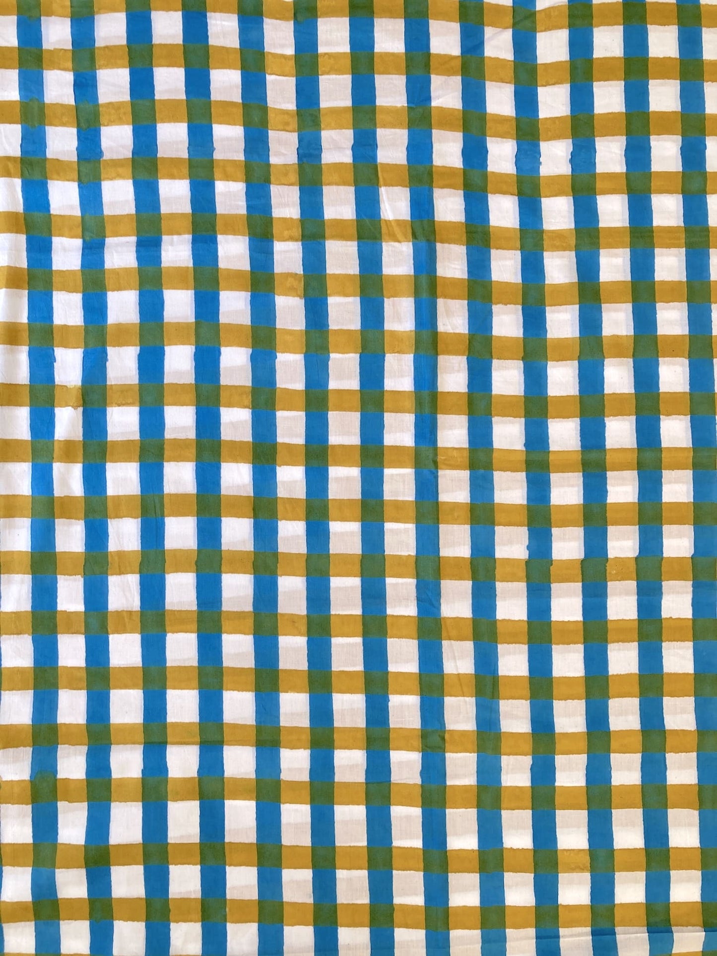 Hand Block Print Cotton Fabric Yellow x Blue Plaid Check   #316-7
