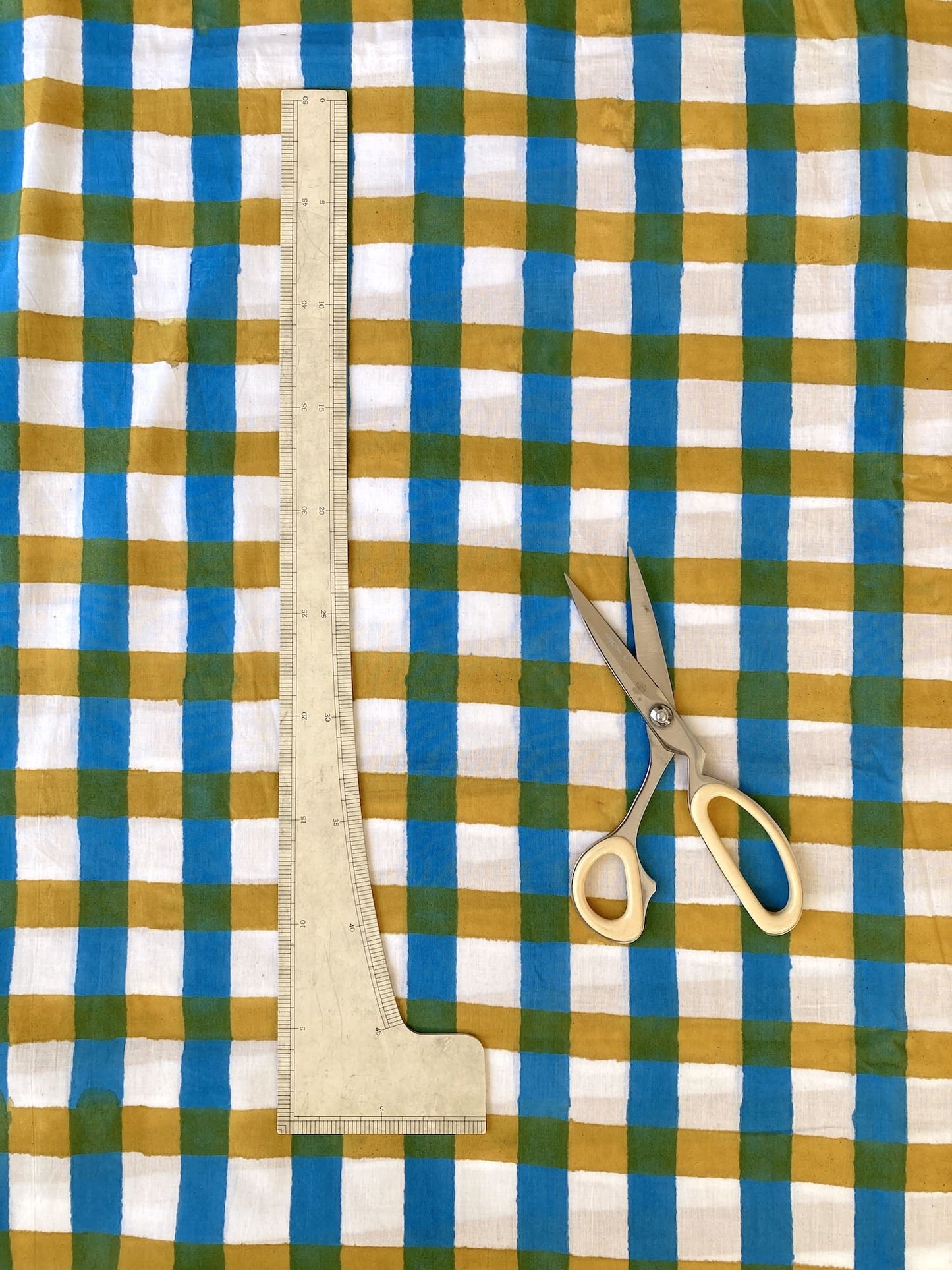 Hand Block Print Cotton Fabric Yellow x Blue Plaid Check   #316-7