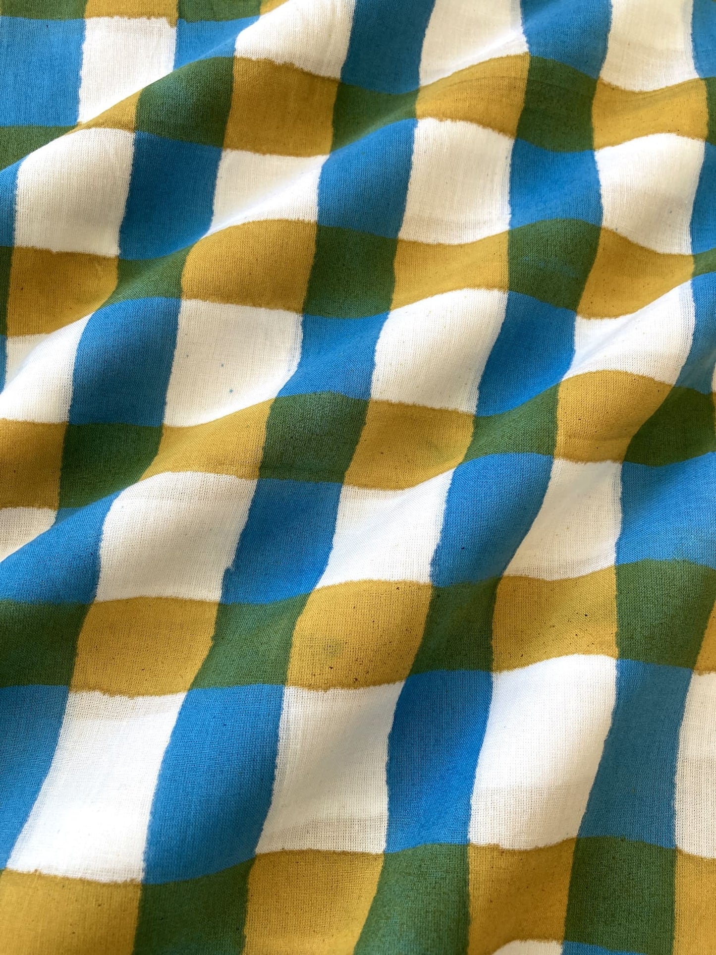 Hand Block Print Cotton Fabric Yellow x Blue Plaid Check   #316-7