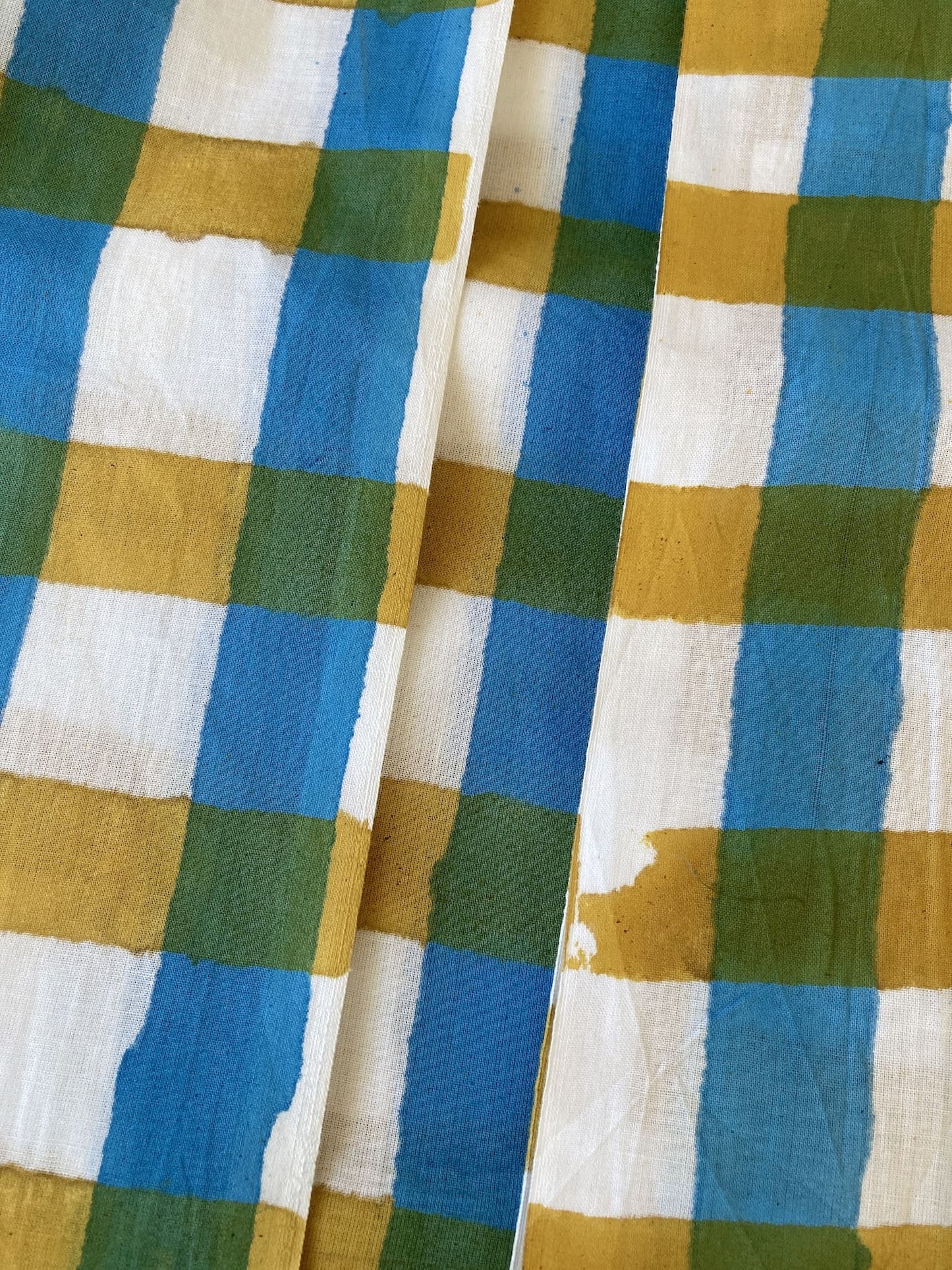 Hand Block Print Cotton Fabric Yellow x Blue Plaid Check   #316-7