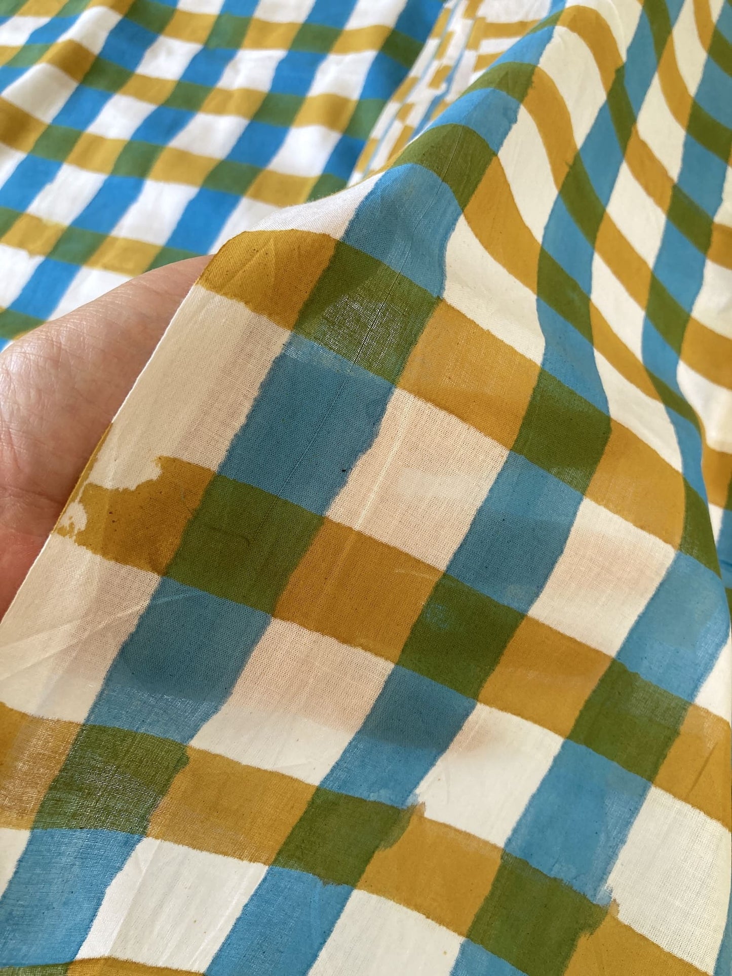 Hand Block Print Cotton Fabric Yellow x Blue Plaid Check   #316-7
