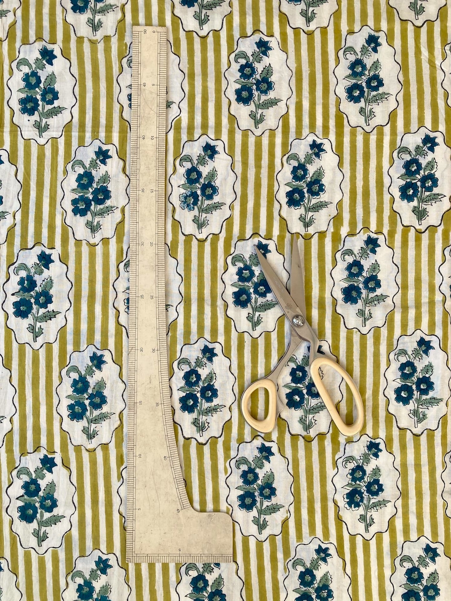 ハンドブロックプリント イエロー ストライプ フレーム 花柄 コットンプリント生地  #316-8