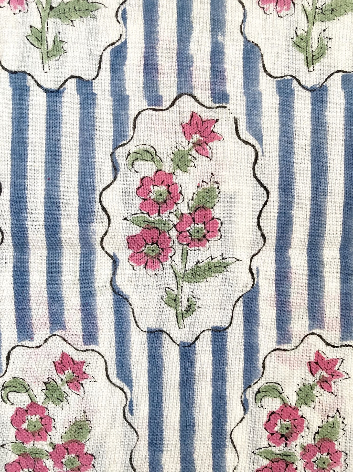 Hand Block Print Cotton Fabric - Blue Stripes Blue Floral Frame　#316-9