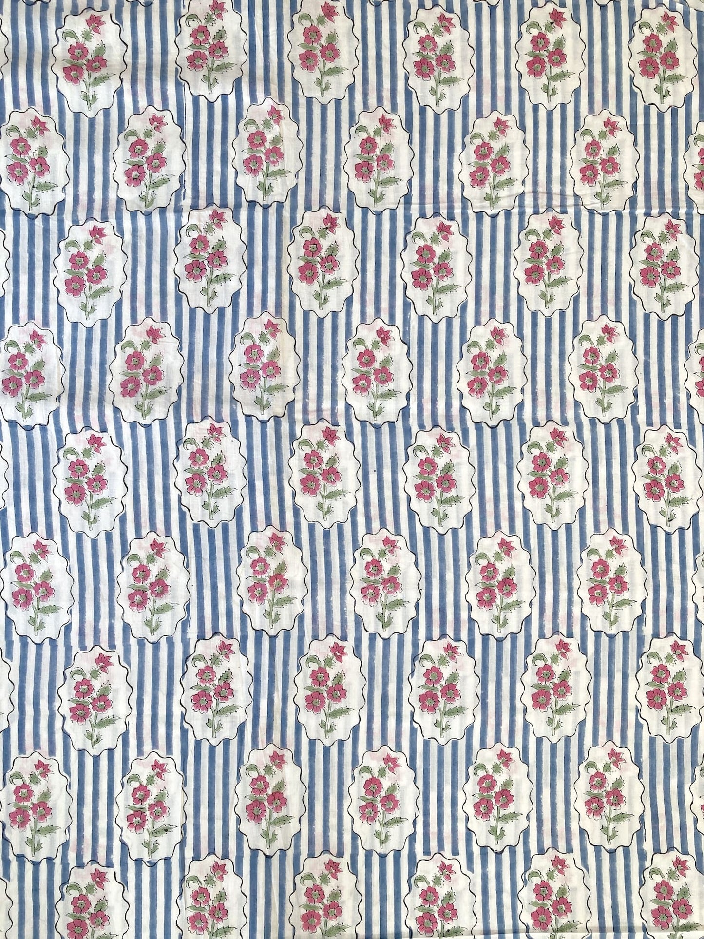 Hand Block Print Cotton Fabric - Blue Stripes Blue Floral Frame　#316-9
