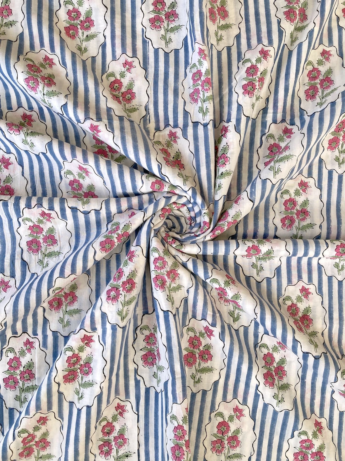 Hand Block Print Cotton Fabric - Blue Stripes Blue Floral Frame　#316-9