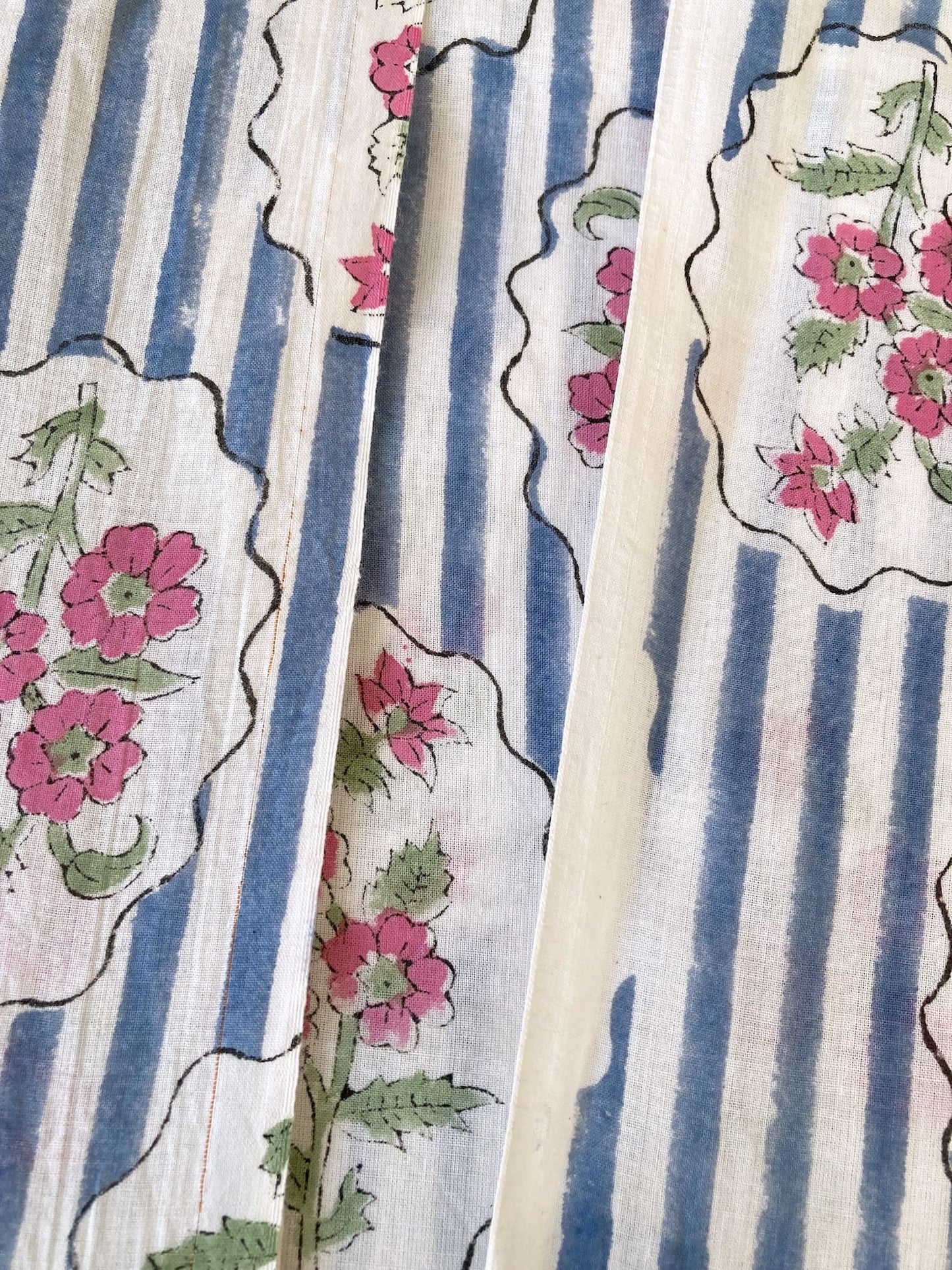 Hand Block Print Cotton Fabric - Blue Stripes Blue Floral Frame　#316-9
