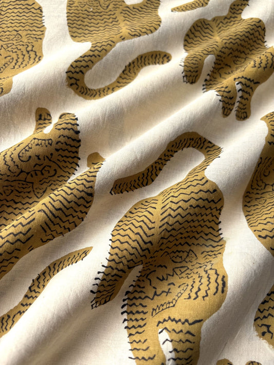 Hand Block Tiger Print Cotton Fabric Ivory x Mustard   #345-4