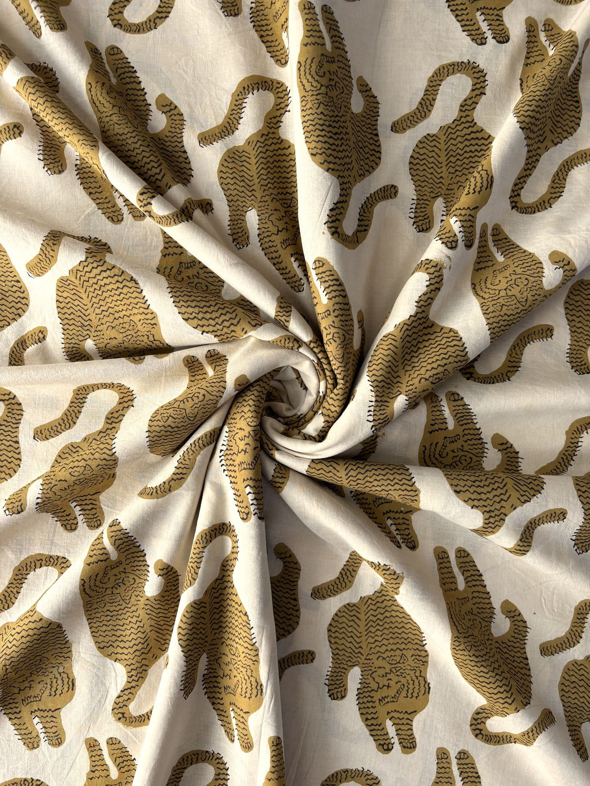 Hand Block Tiger Print Cotton Fabric Ivory x Mustard   #345-4