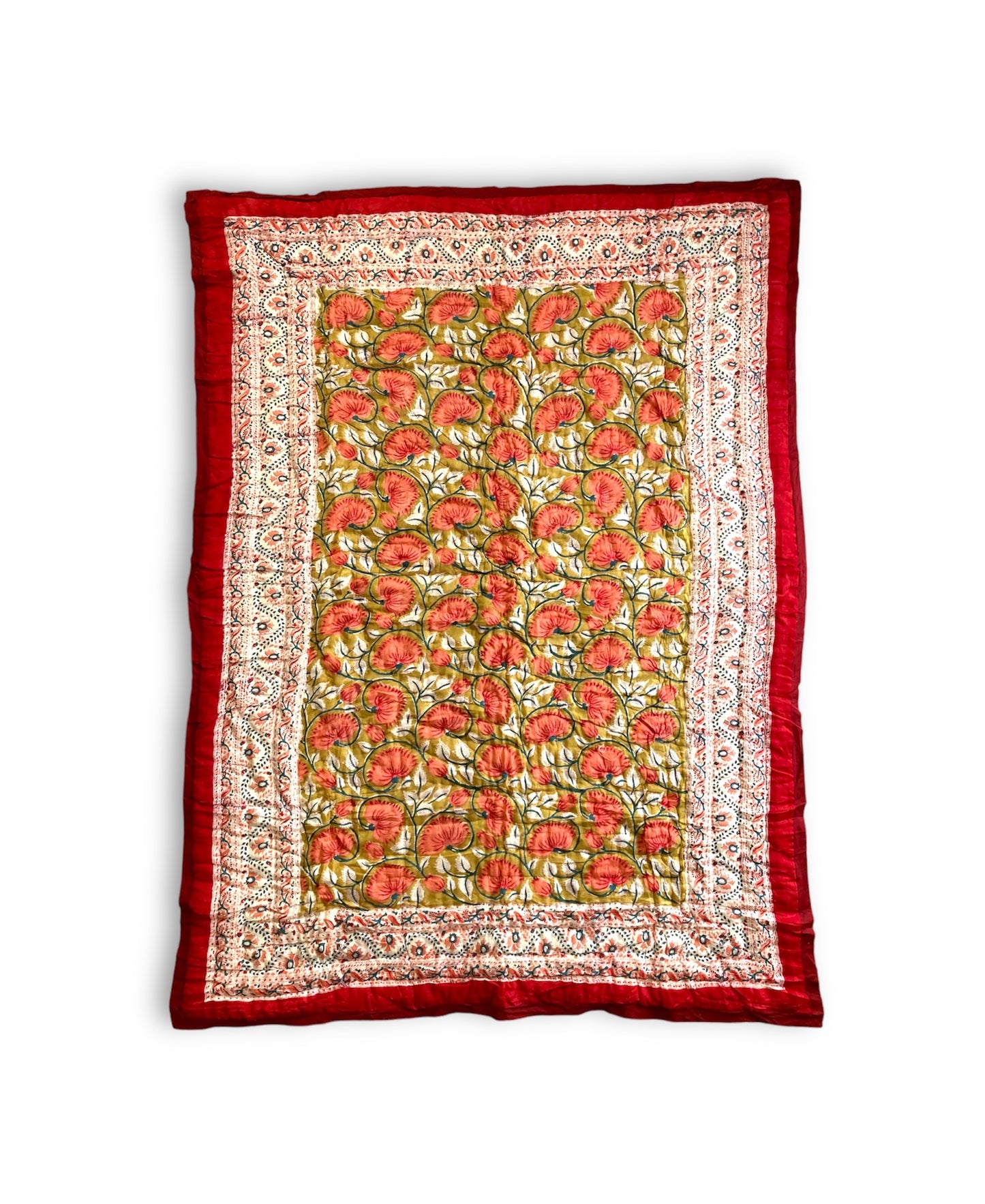 India Hand Block Printed Fabric Reversible Small Size Quilt #Red