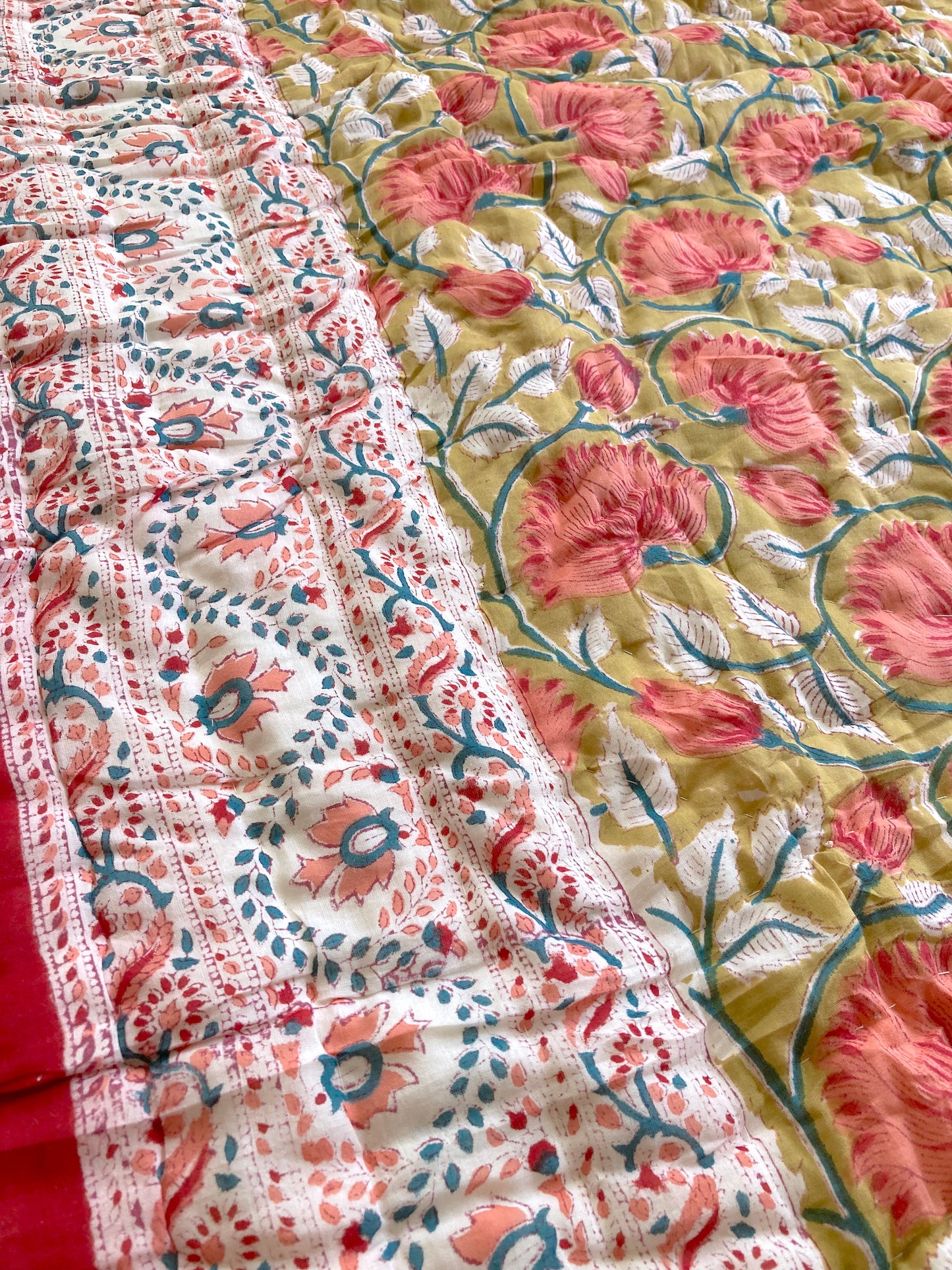 India Hand Block Printed Fabric Reversible Small Size Quilt #Red
