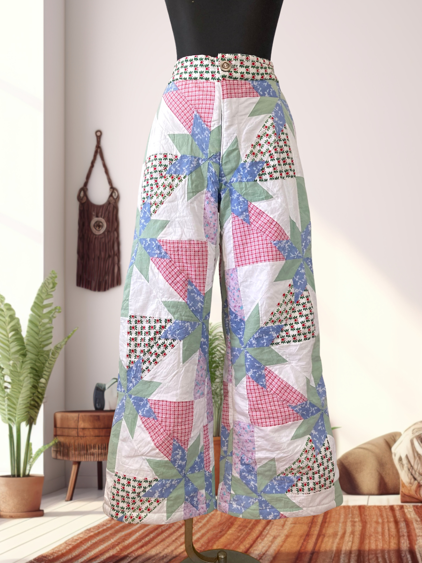 Patchwork-Style Wide Pants Made from Vintage Quilted Fabric