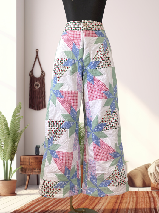 Patchwork-Style Wide Pants Made from Vintage Quilted Fabric