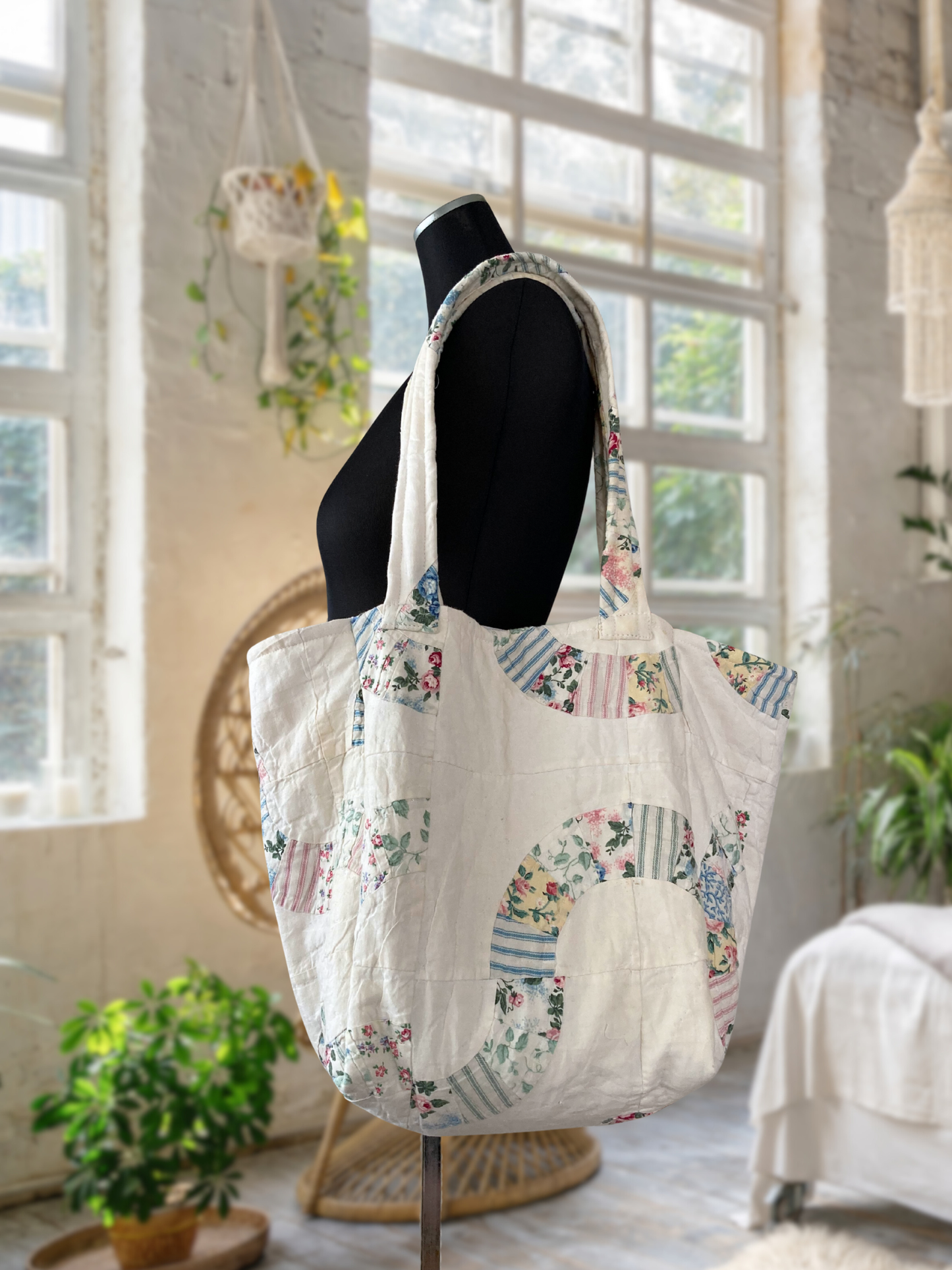 Authentic Vintage Patchwork White Quilt Tote Bag