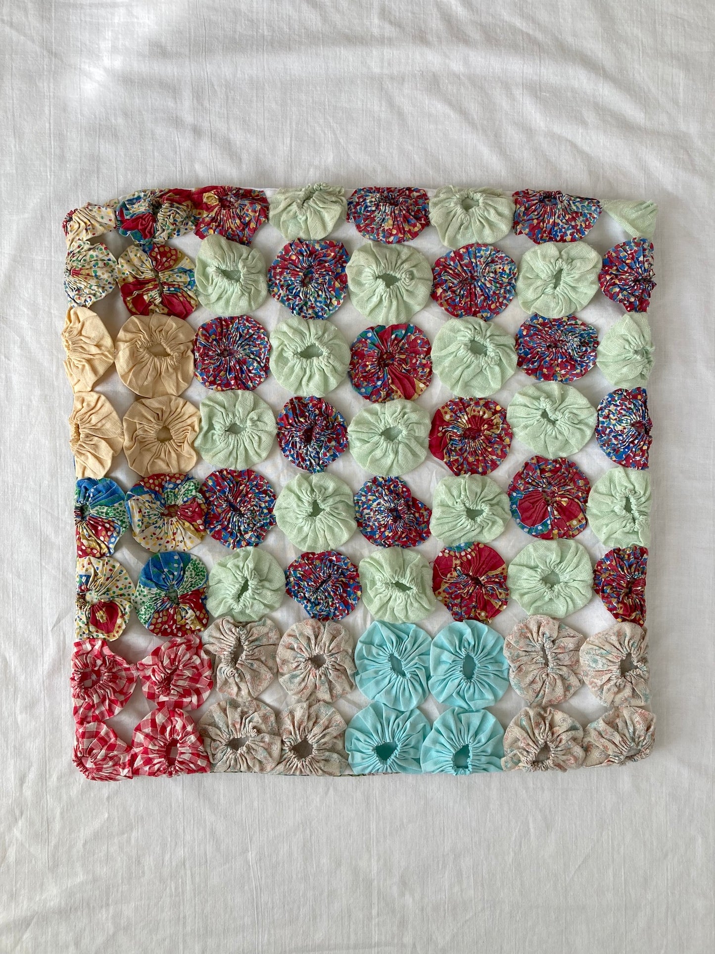 Vintage Yo Yo Quilt Cushion Cover Handmade Cotton Block Print Pillow 40x40cm