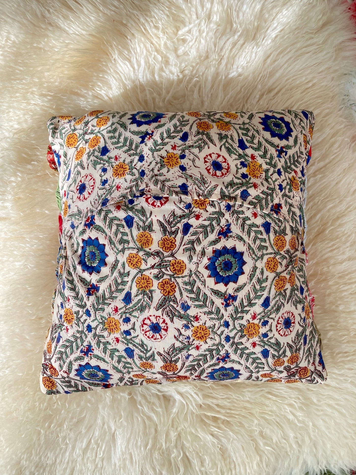 Vintage Yo Yo Quilt Cushion Cover Handmade Cotton Block Print Pillow 40x40cm