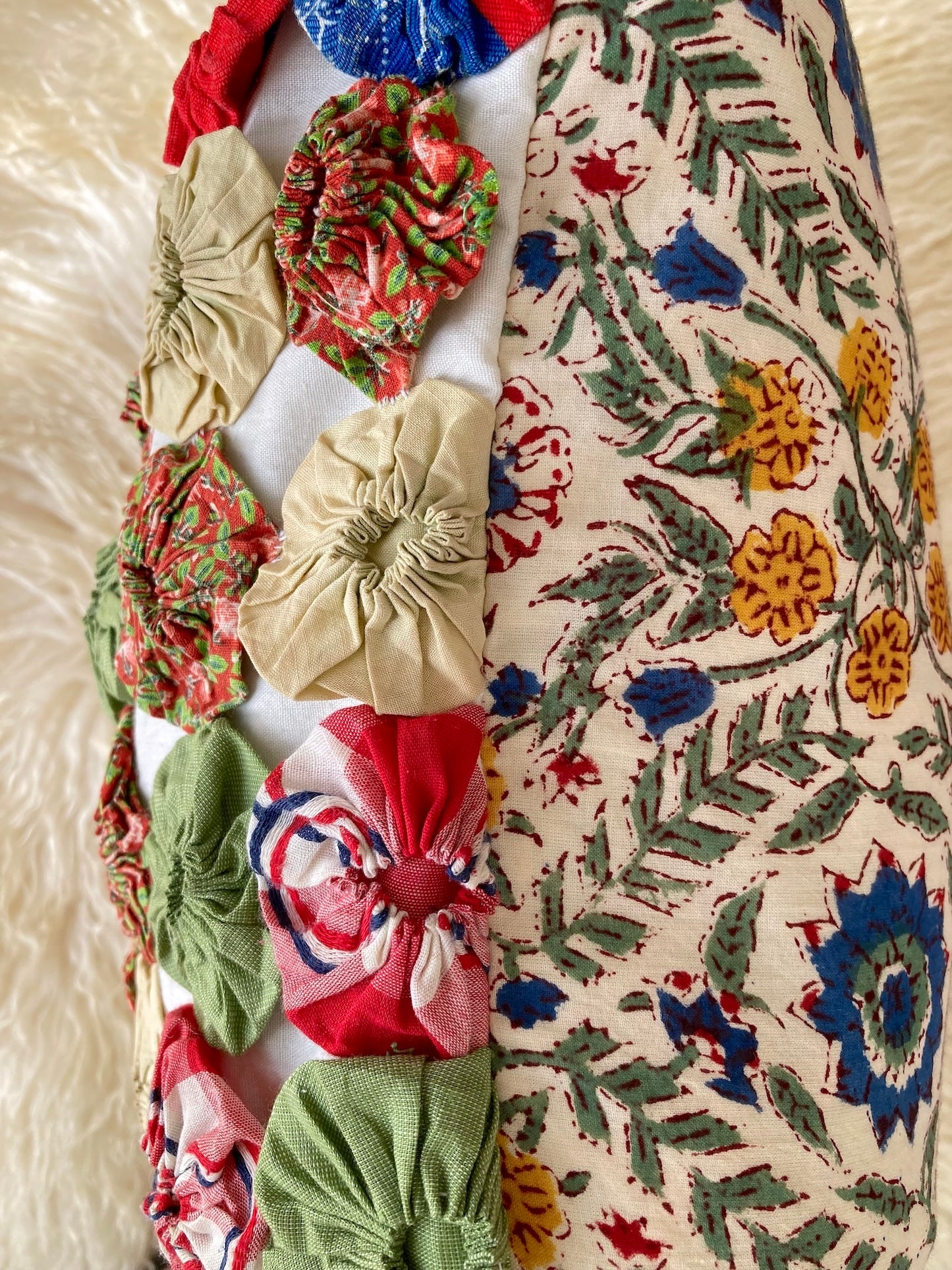 Vintage Yo Yo Quilt Cushion Cover Handmade Cotton Block Print Pillow 40x40cm