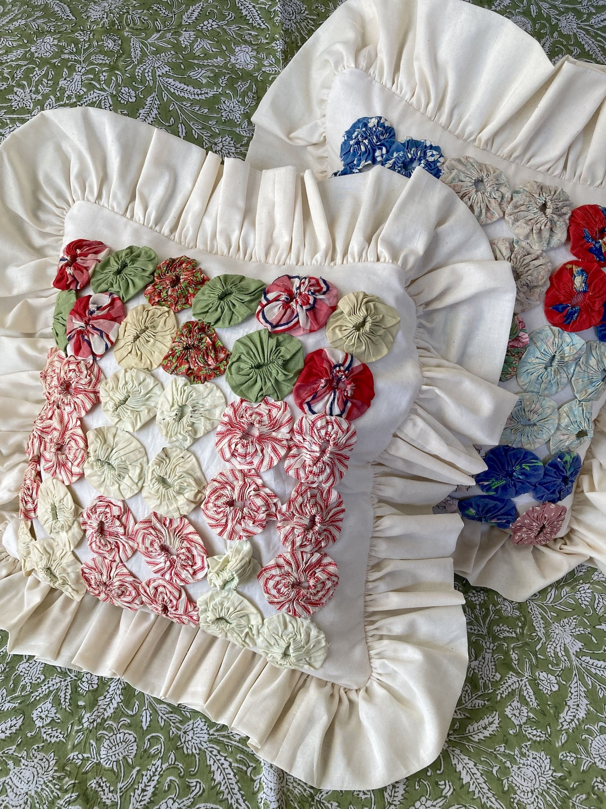 Vintage Yo Yo Quilt Cushion Cover Handmade Cotton Frill Pillow Cover 35x37cm
