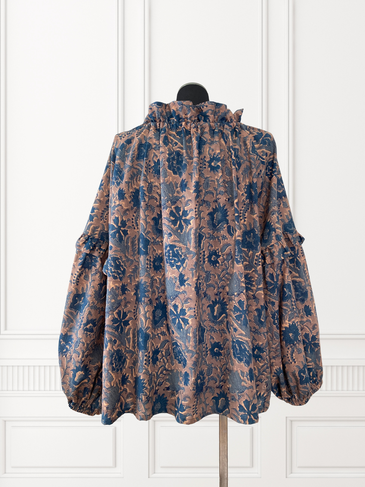【custom order】 Hand Block Print Band Collar Split Neck Dress - Blouse #Bella