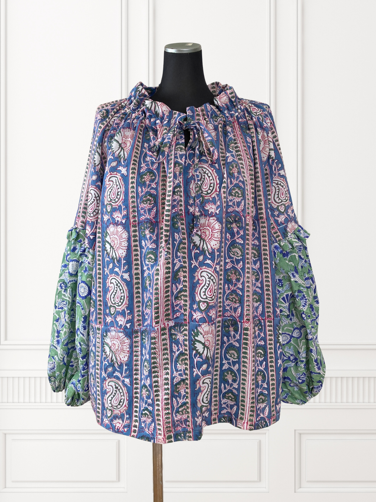 【custom order】 Hand Block Print Band Collar Split Neck Dress - Blouse #Bella