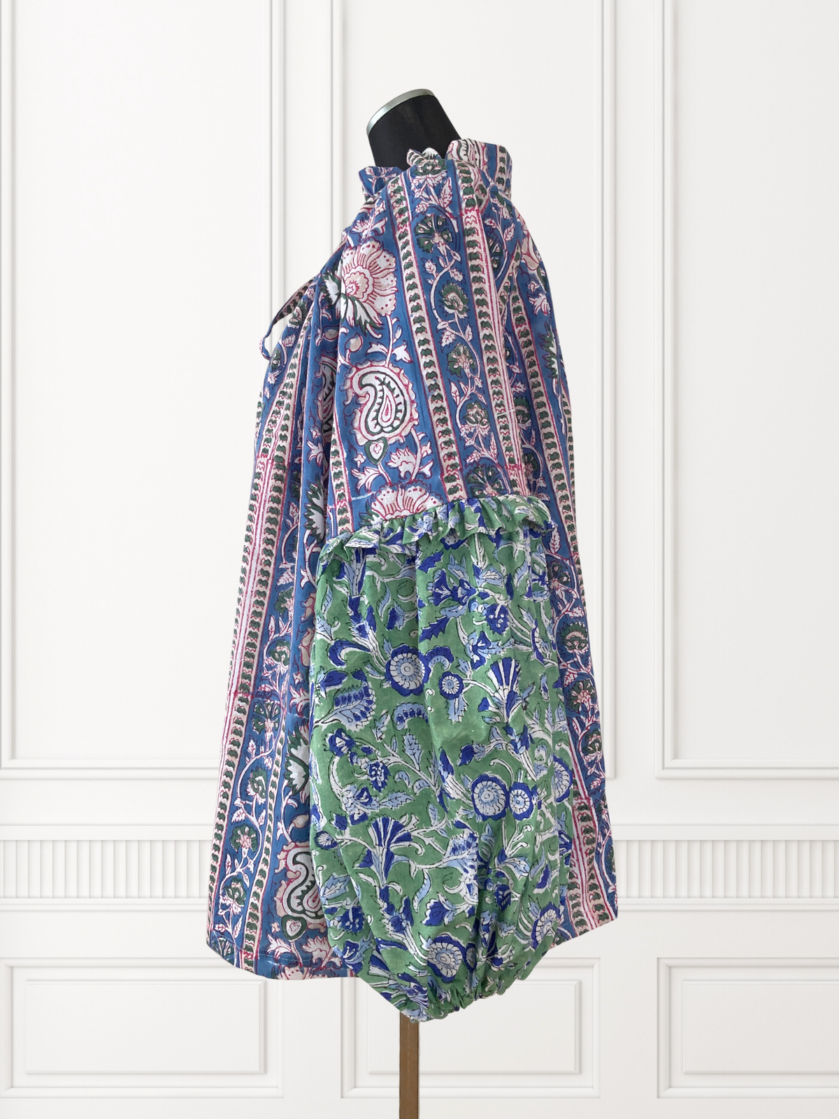 【custom order】 Hand Block Print Band Collar Split Neck Dress - Blouse #Bella