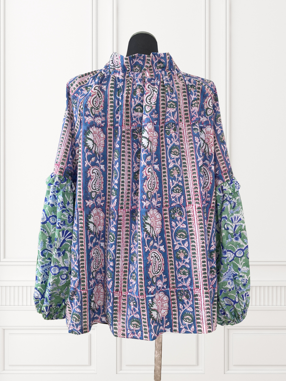 【custom order】 Hand Block Print Band Collar Split Neck Dress - Blouse #Bella