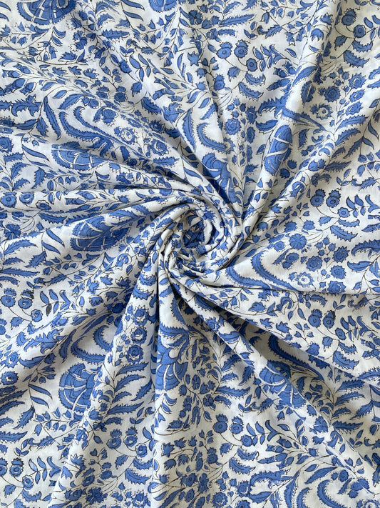 Hand Block Printed Cotton Fabric White x Blue #221-2