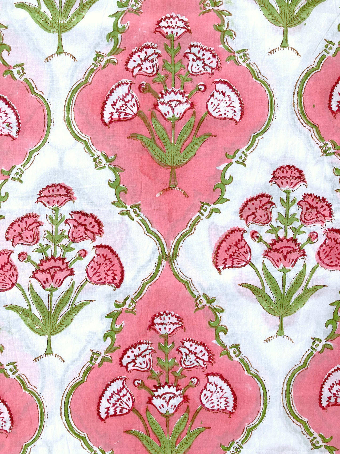 Hand Block Printed Cotton Fabric White x Pink  #221-4