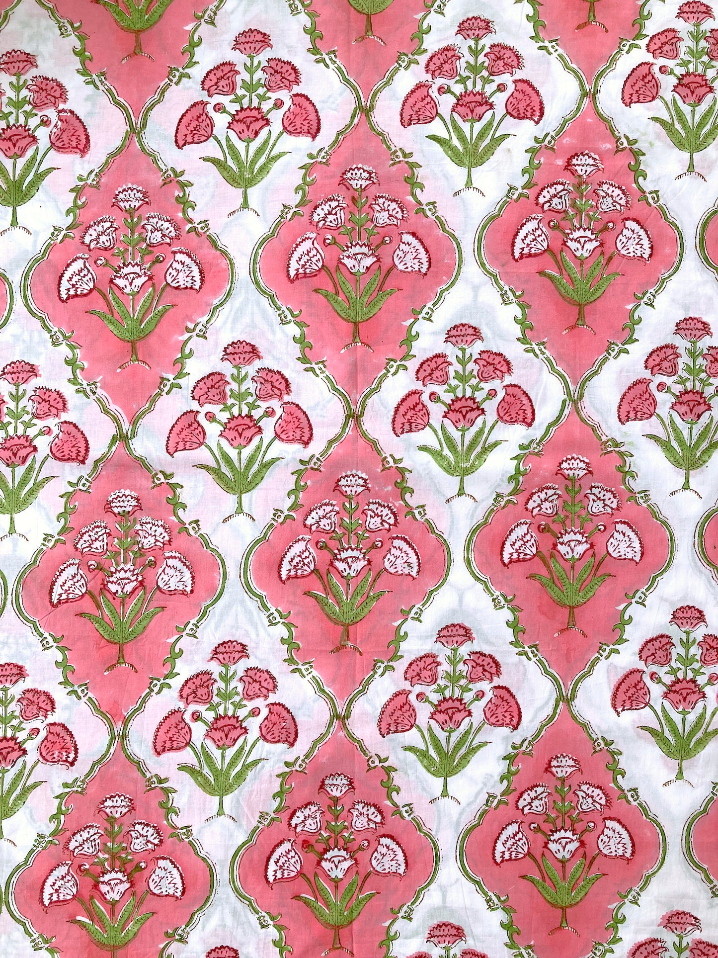 Hand Block Printed Cotton Fabric White x Pink  #221-4