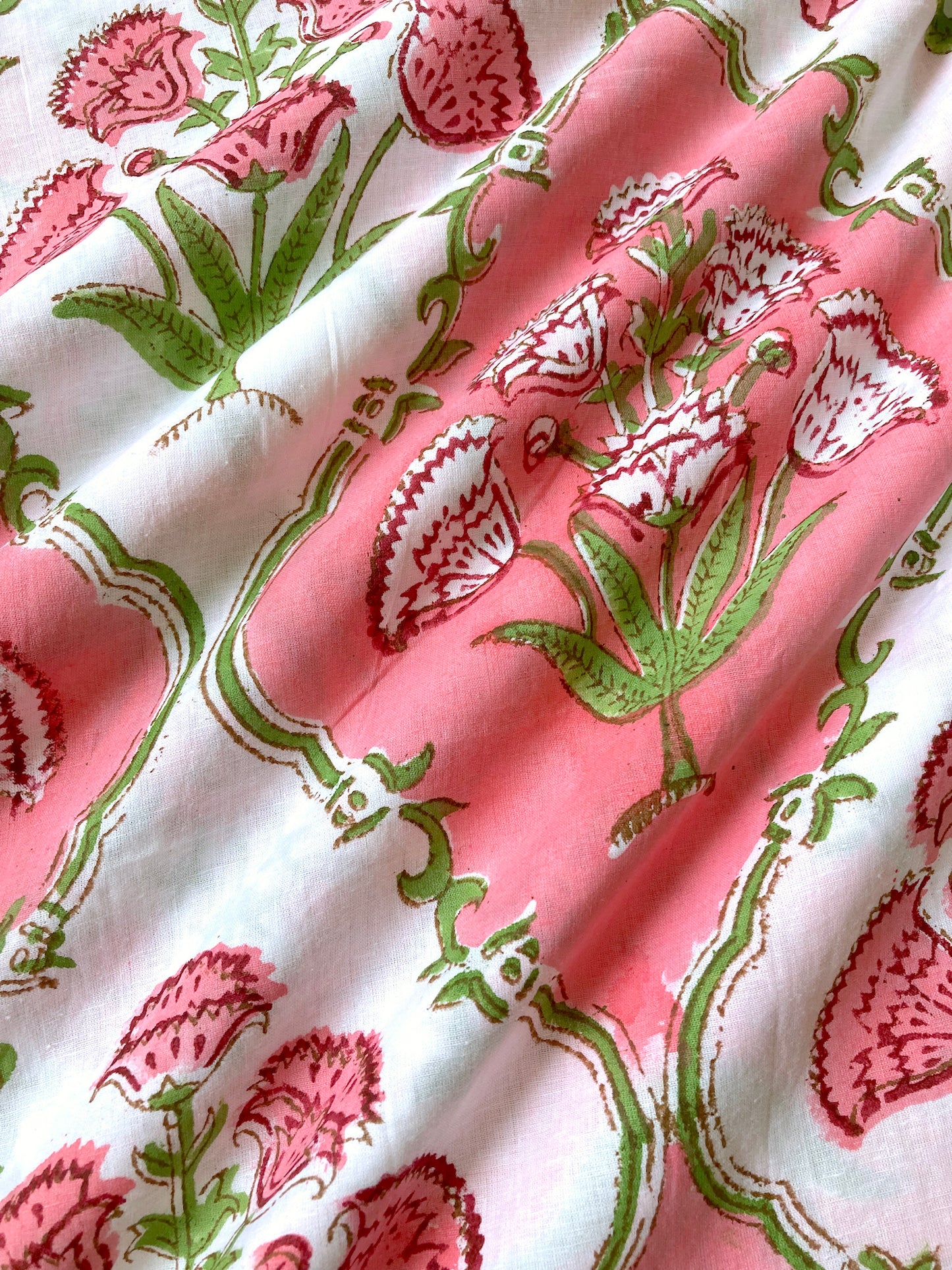 Hand Block Printed Cotton Fabric White x Pink  #221-4