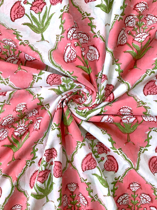 Hand Block Printed Cotton Fabric White x Pink  #221-4