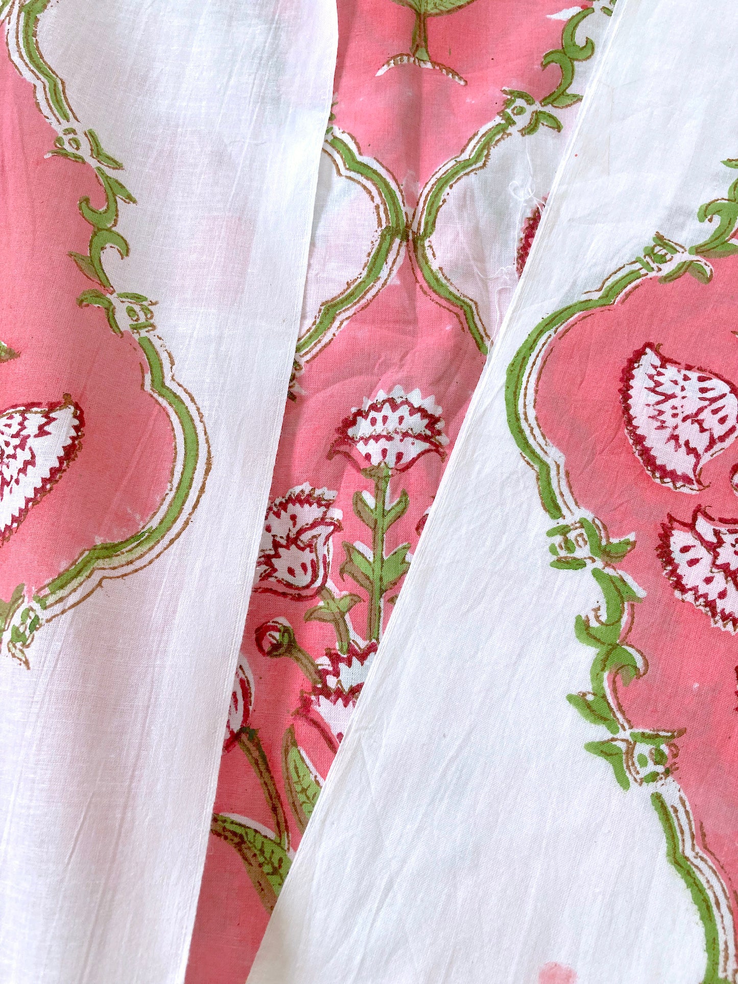 Hand Block Printed Cotton Fabric White x Pink  #221-4