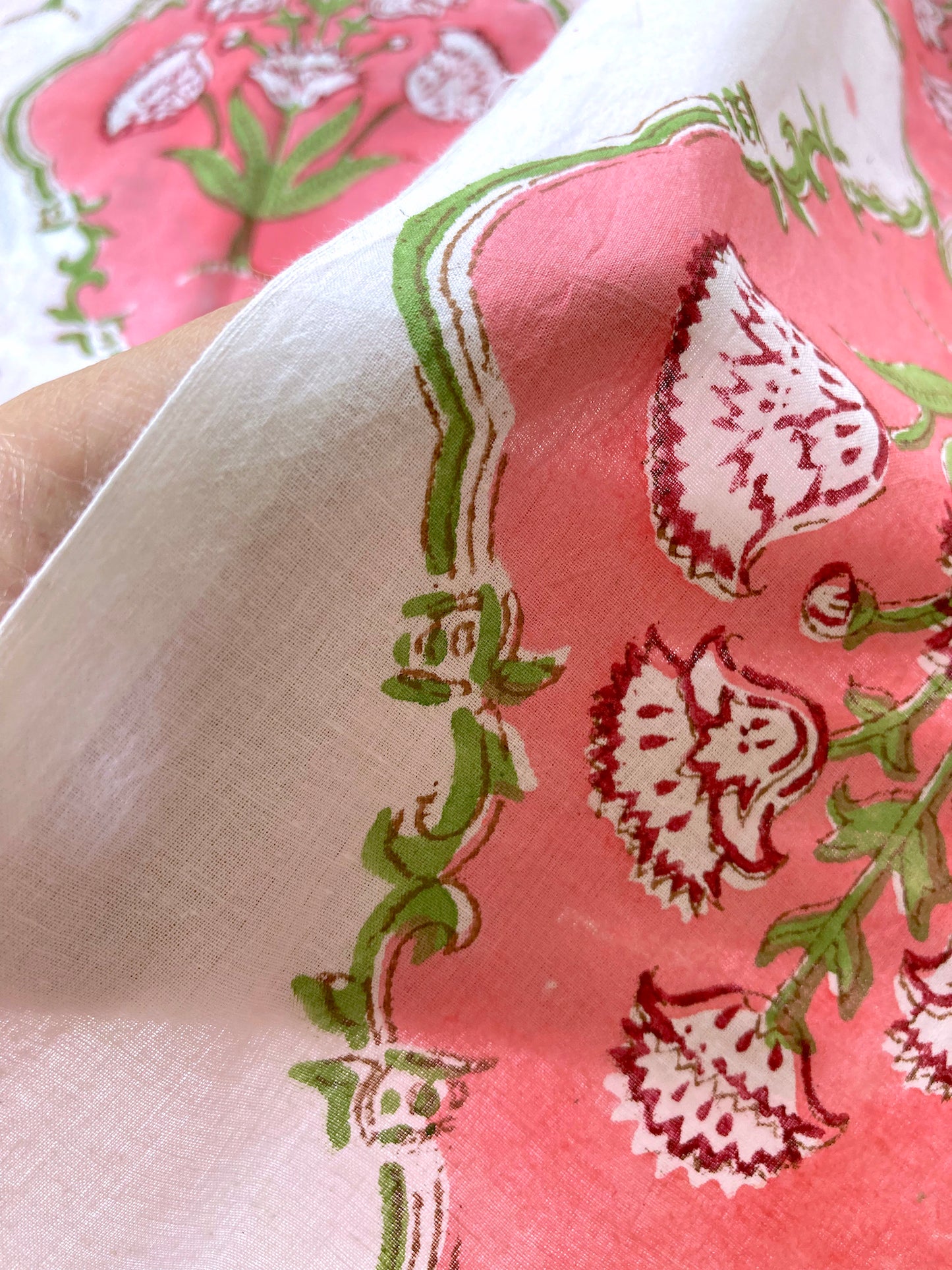 Hand Block Printed Cotton Fabric White x Pink  #221-4