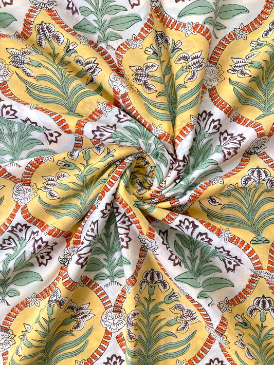 Hand Block Printed Cotton Fabric White x Yellow #221-6