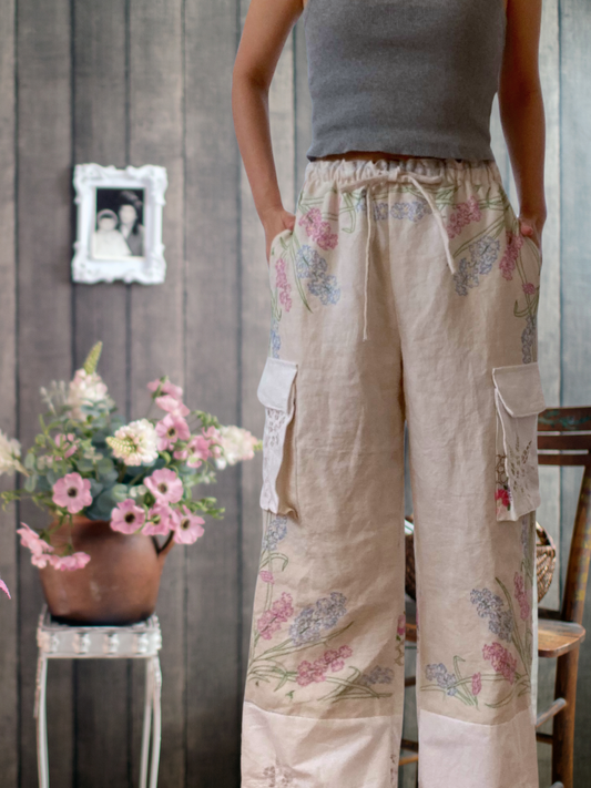 Women's Upcycled Vintage Embroidered Linen Relaxed Fit Pants