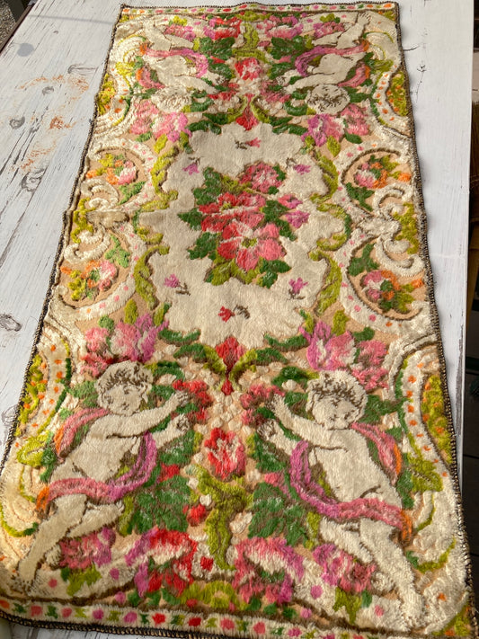 Vintage Velvet Angel Tapestry Mini Rug  1970s–80s European Textile