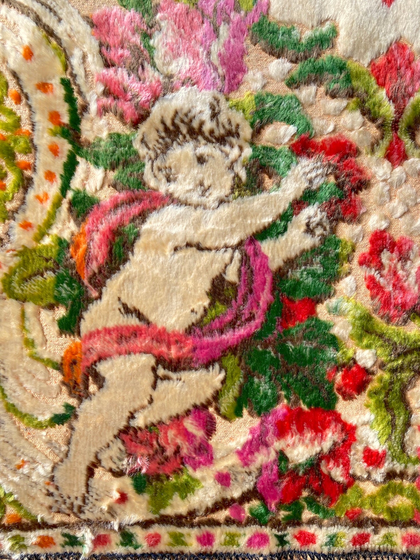 Vintage Velvet Angel Tapestry Mini Rug  1970s–80s European Textile