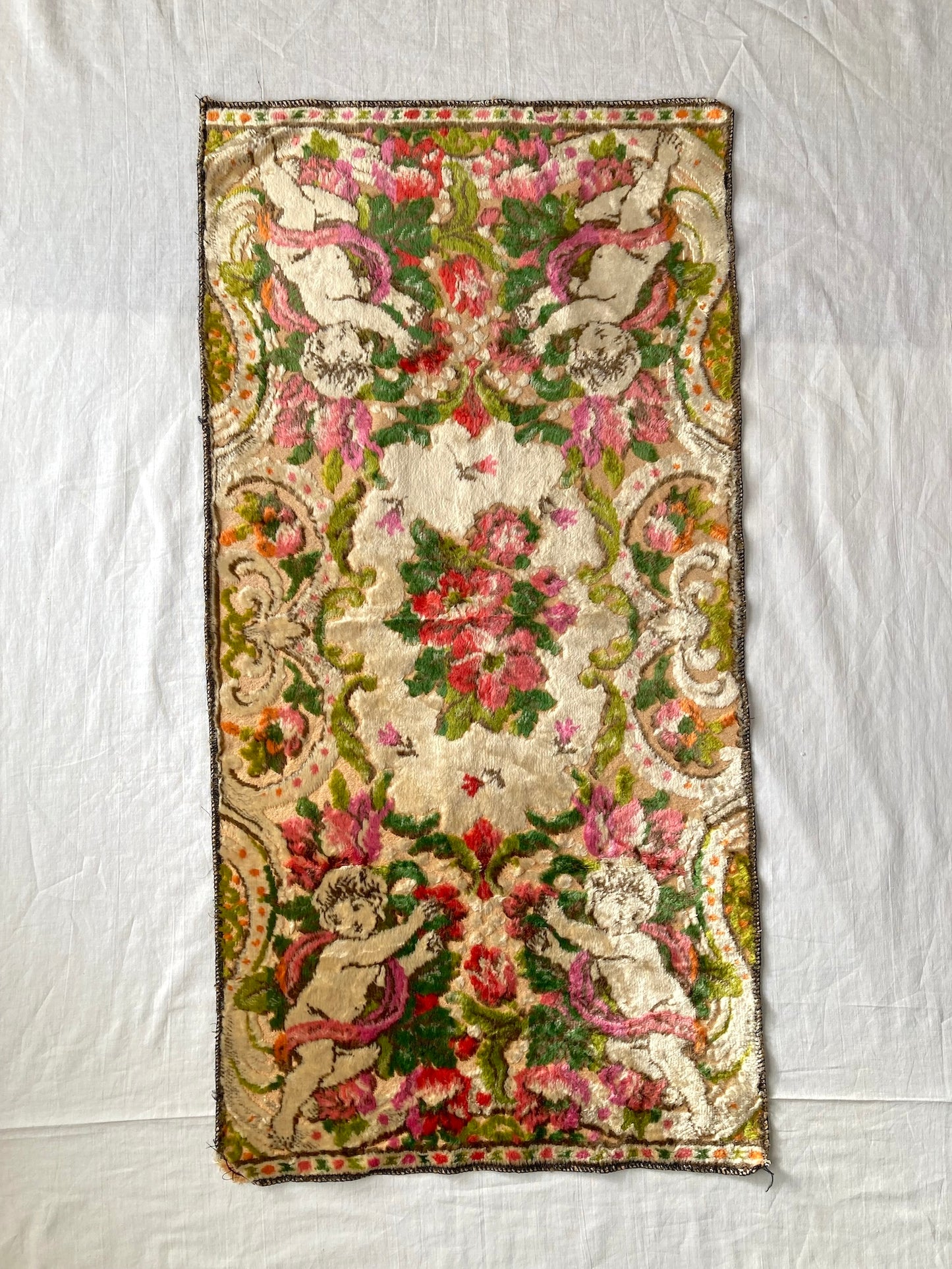 Vintage Velvet Angel Tapestry Mini Rug  1970s–80s European Textile