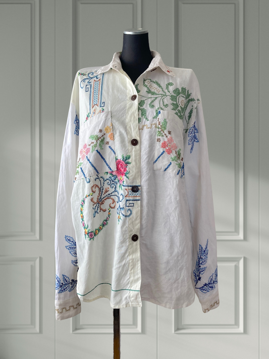 Vintage Embroidery Upcycled Button-Front Shirt - Embroidered Textile Remade