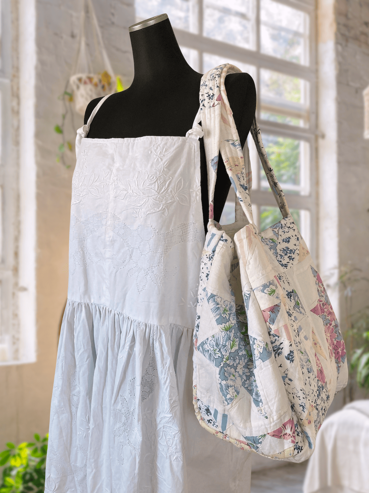 Vintage Floral Star Patchwork Tote Bag, Upcycled Quilted Cottagecore Tote