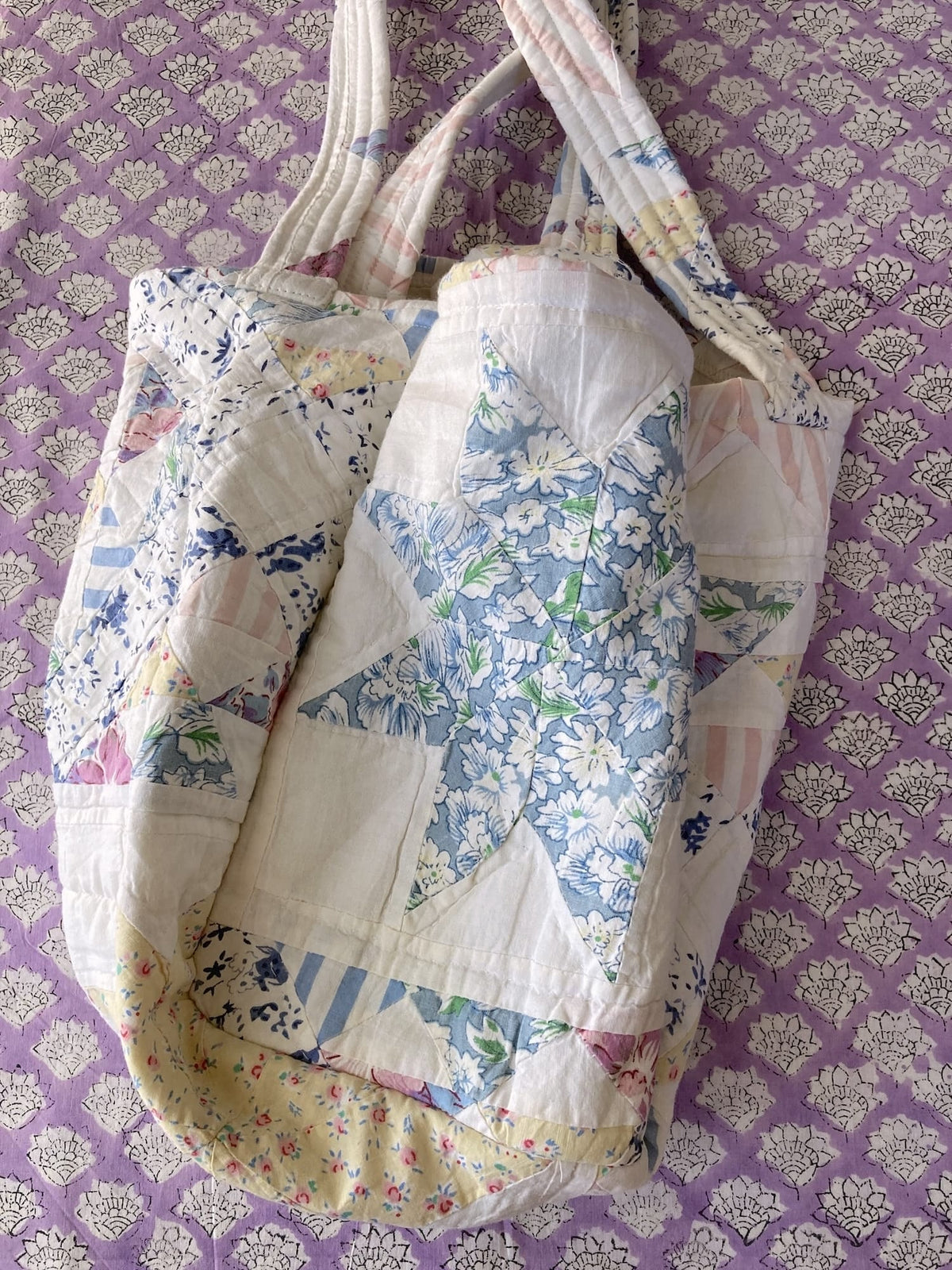 Vintage Floral Star Patchwork Tote Bag, Upcycled Quilted Cottagecore Tote