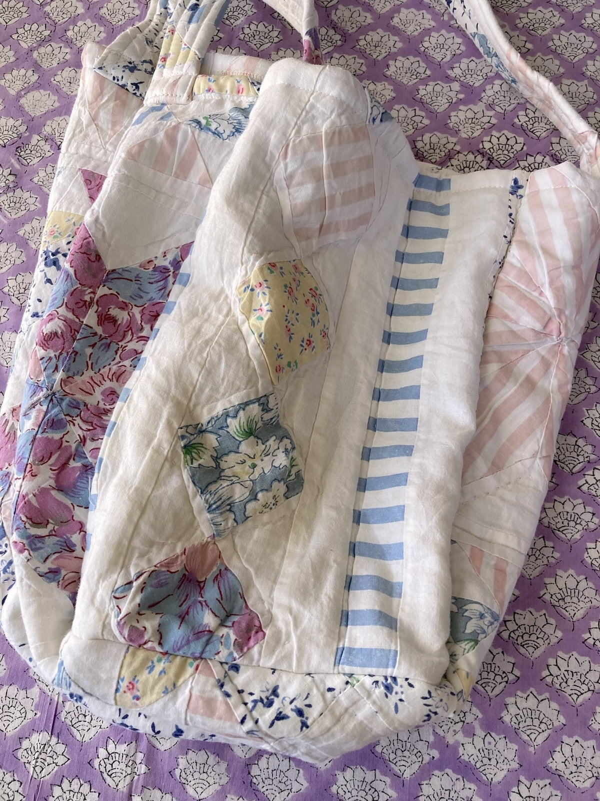 Vintage Floral Star Patchwork Tote Bag, Upcycled Quilted Cottagecore Tote