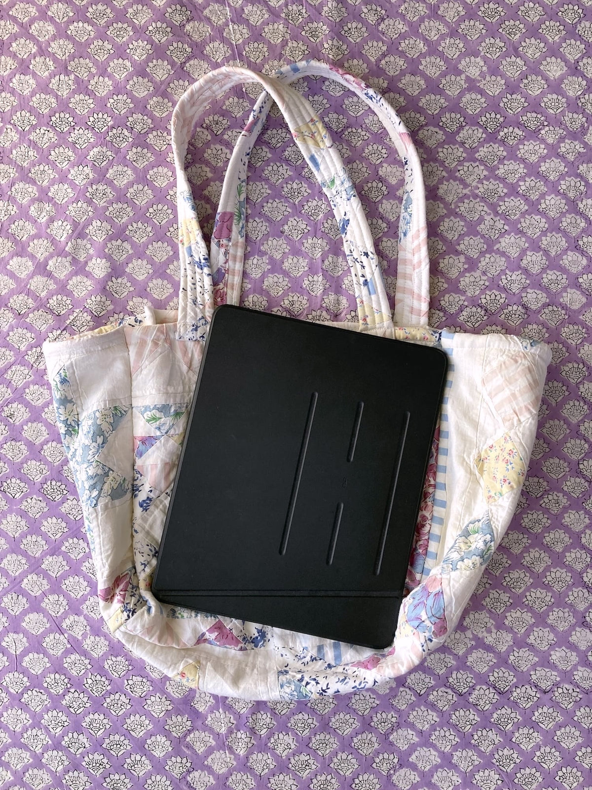 Vintage Floral Star Patchwork Tote Bag, Upcycled Quilted Cottagecore Tote