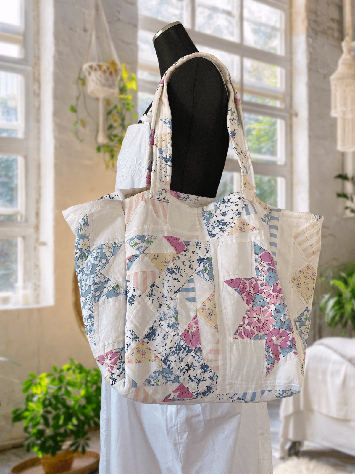 Vintage Floral Star Patchwork Tote Bag, Upcycled Quilted Cottagecore Tote