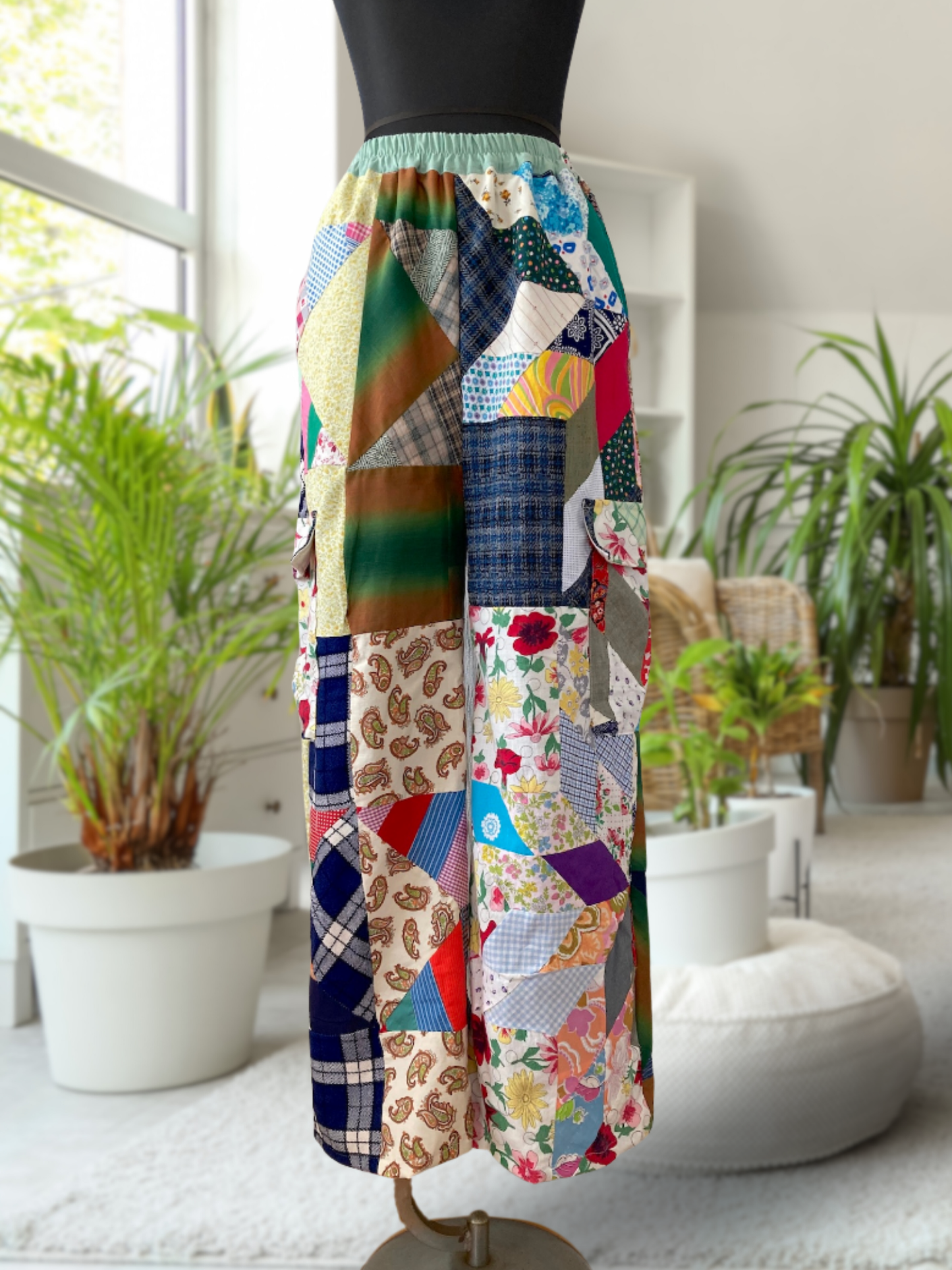 Handmade Relaxed-Fit Pants Made from Vintage Embroidered Fabric with Side Pockets