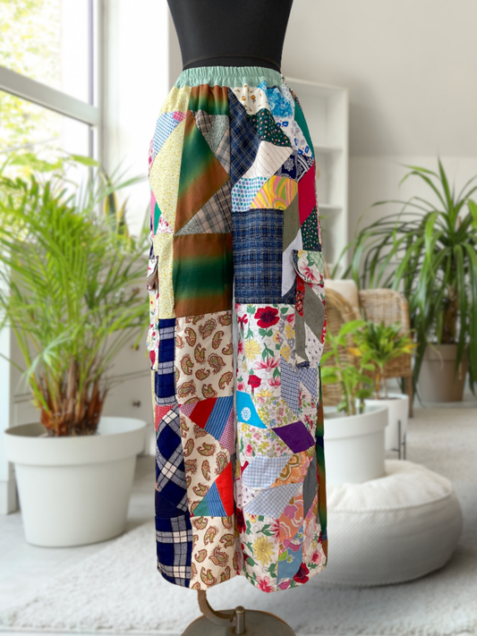 Handmade Relaxed-Fit Pants Made from Vintage Embroidered Fabric with Side Pockets