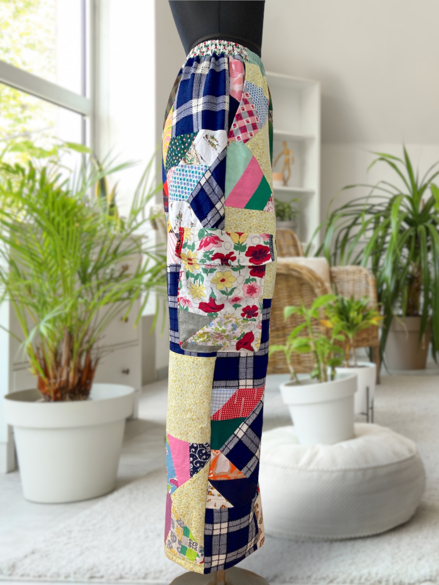 Handmade Relaxed-Fit Pants Made from Vintage Embroidered Fabric with Side Pockets