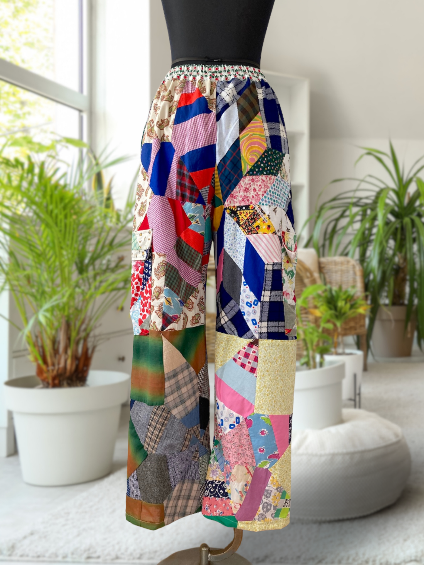 Handmade Relaxed-Fit Pants Made from Vintage Embroidered Fabric with Side Pockets