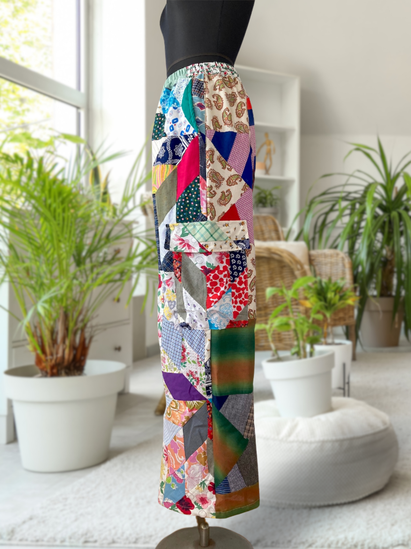 Handmade Relaxed-Fit Pants Made from Vintage Embroidered Fabric with Side Pockets