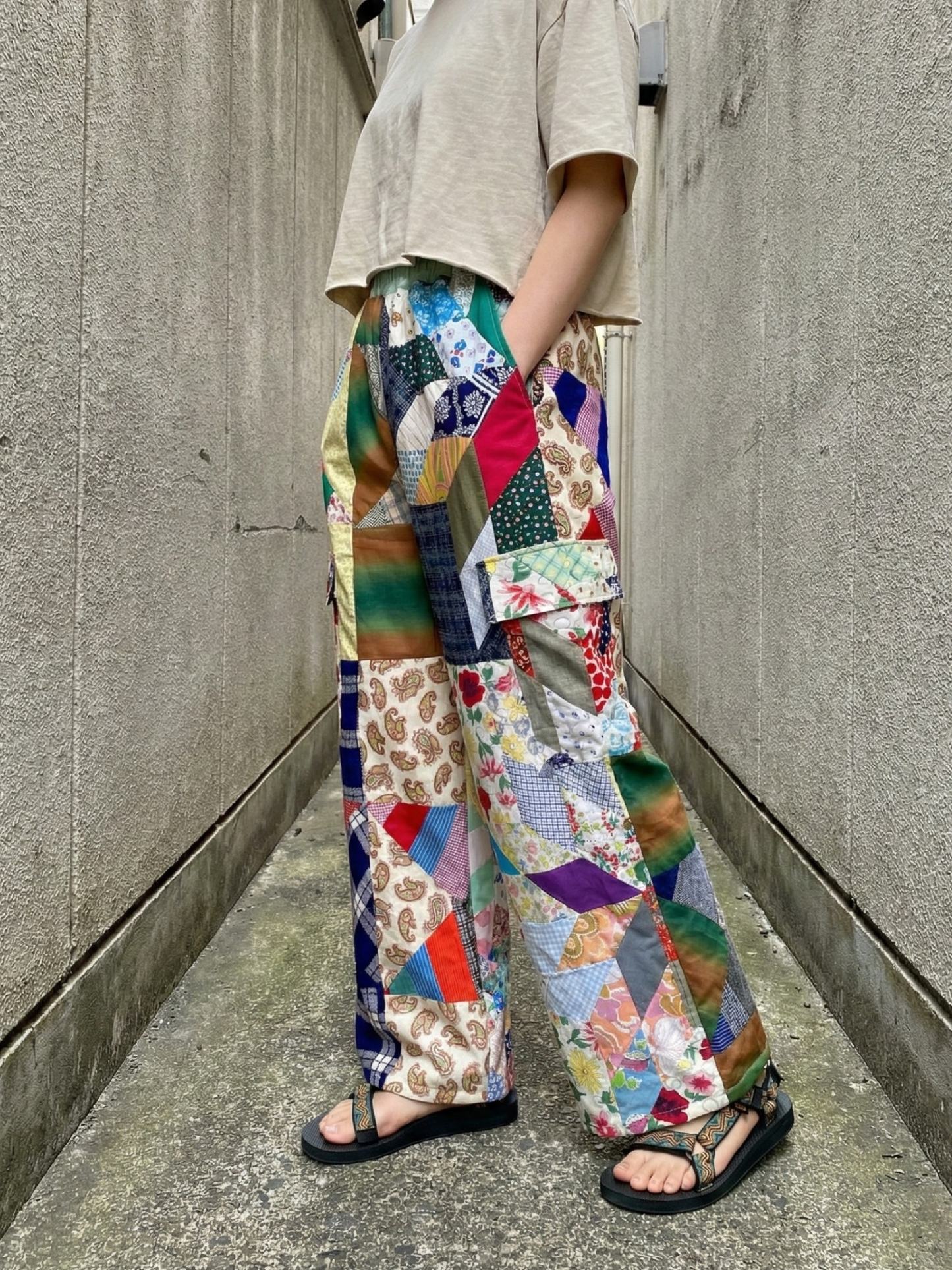 Handmade Relaxed-Fit Pants Made from Vintage Embroidered Fabric with Side Pockets